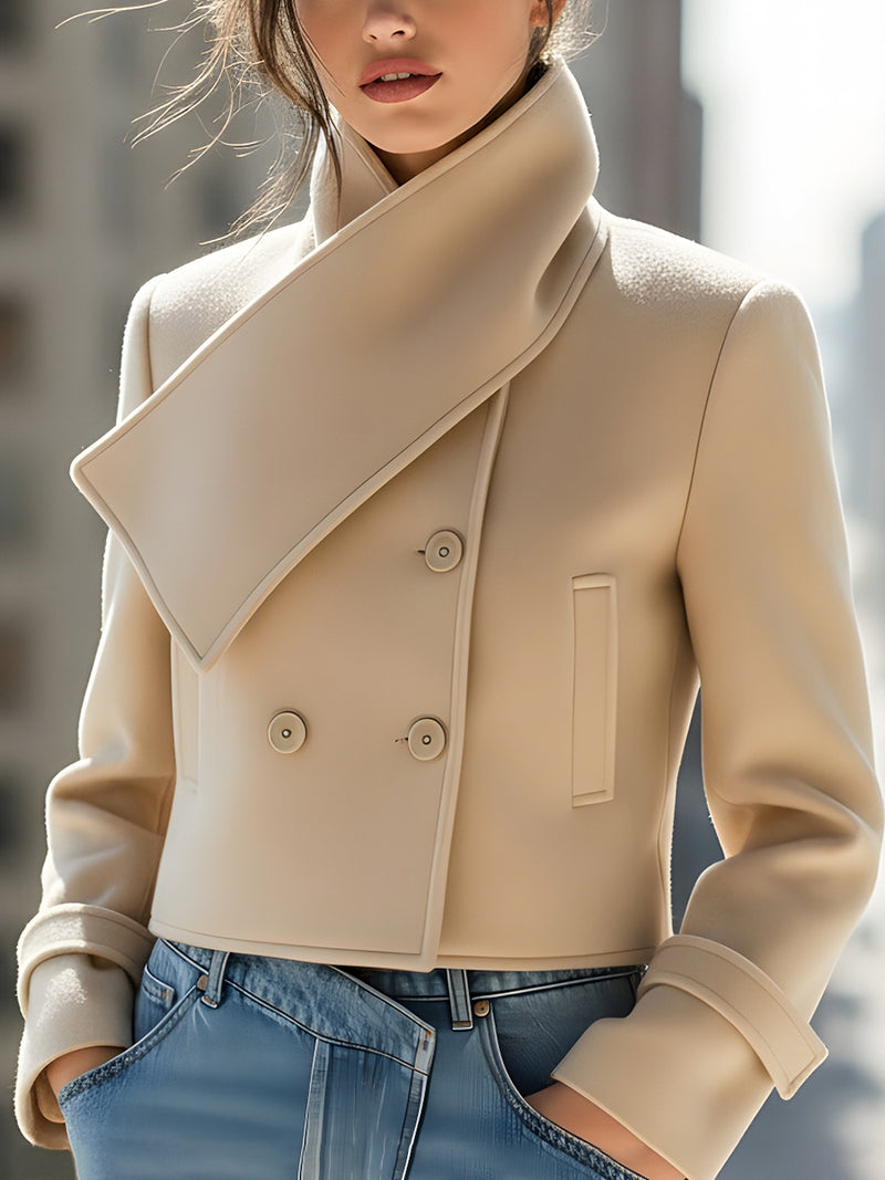 Structured Beige Wool Short Jacket With Asymmetric Lapel
