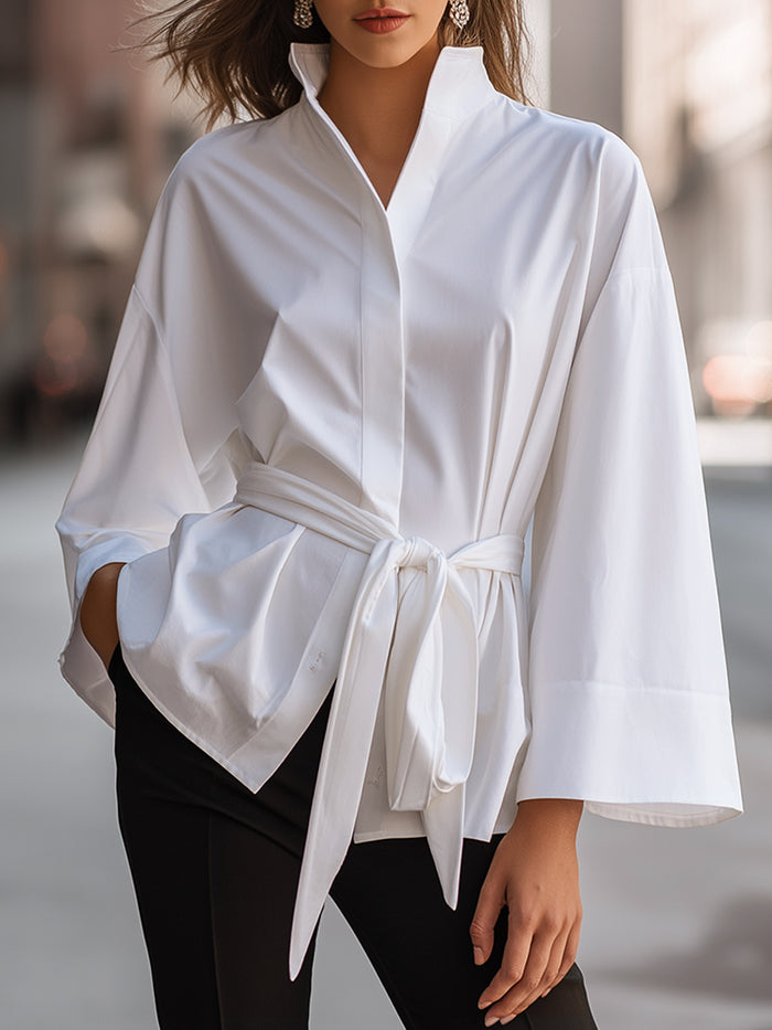 Elegant White Kimono-Sleeve Belted Blouse