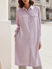 Longline Button-Front Shirt Dress With Utility Pockets