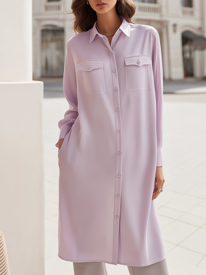 Longline Button-Front Shirt Dress With Utility Pockets