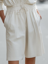 Relaxed Half-Zip Long Sleeve Drawstring Waist Shorts Jumpsuit