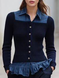 Dual-Texture Denim Collar Knit Button-Up Top