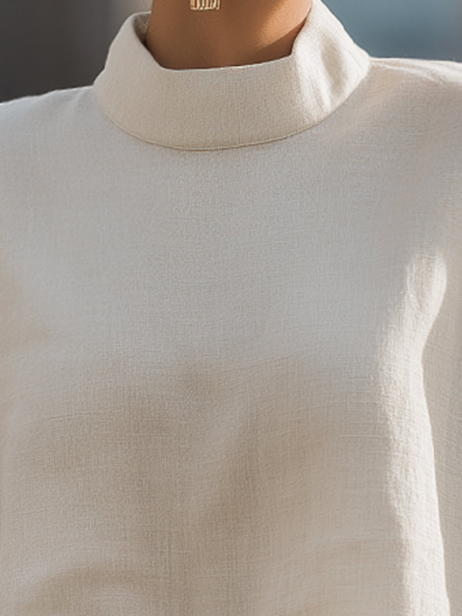 Relaxed Minimalist Mock-Neck Textured Blouse