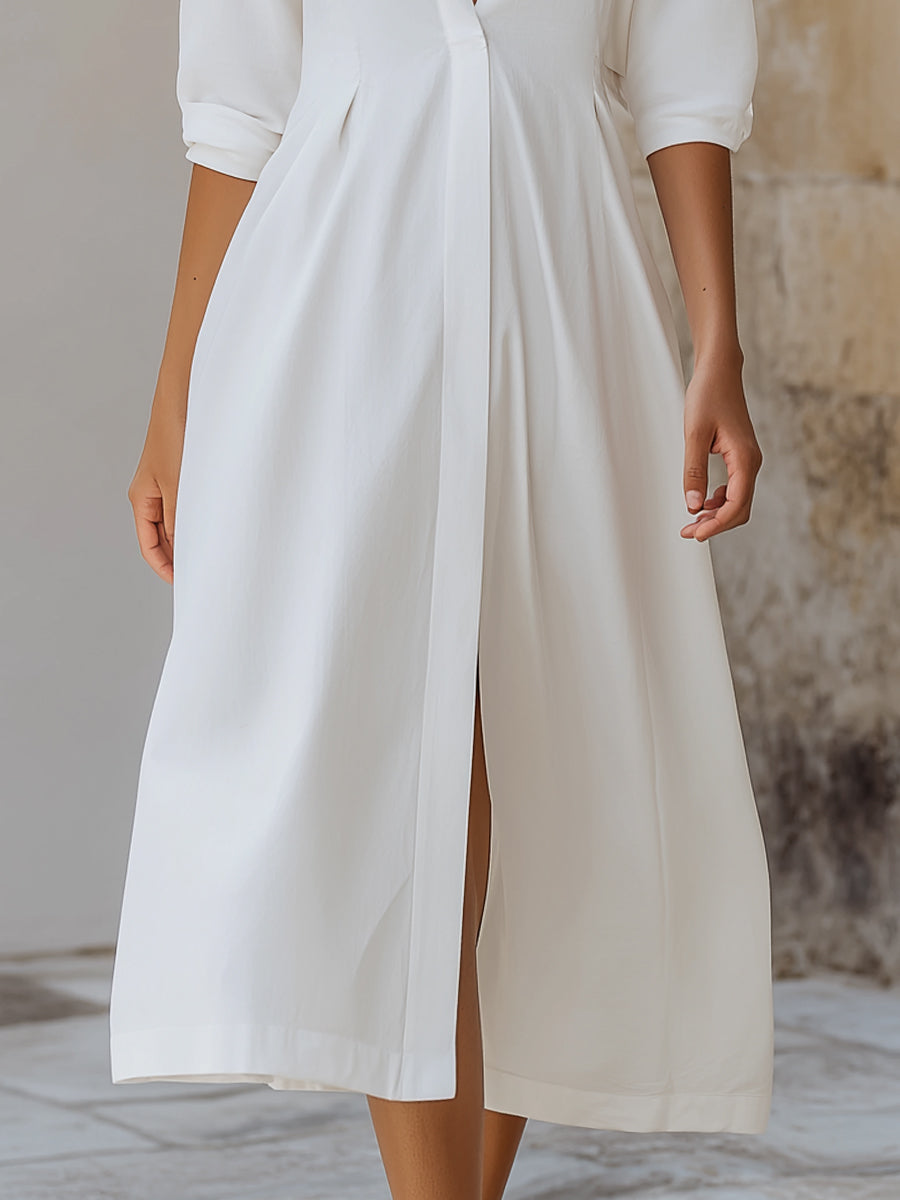 Minimalist Deep V-Neck Long Sleeve Midi Dress