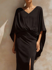 Draped Cape Sleeve Maxi Dress With Side Slit