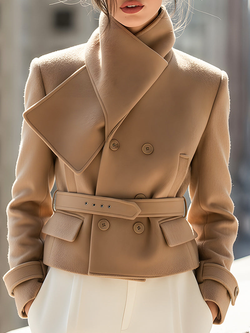 Structured Camel Wool Jacket With Asymmetric Collar And Belted Waist