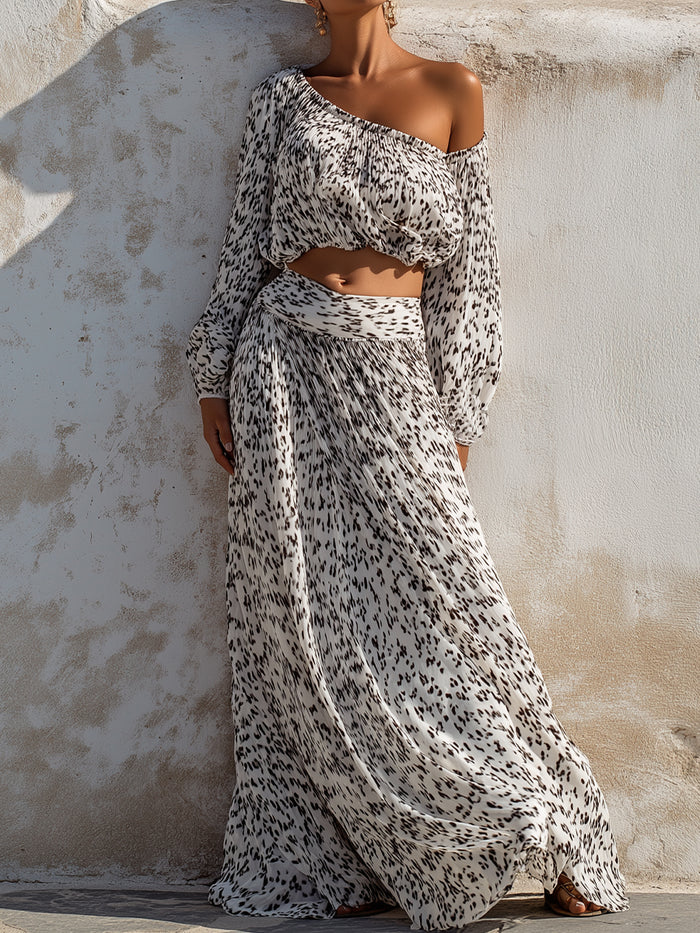 One-Shoulder Printed Crop Top & Flowing Maxi Skirt Set
