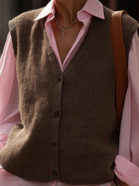 Chocolate Brown Button-Down Knit Vest And Pink Shirt Set