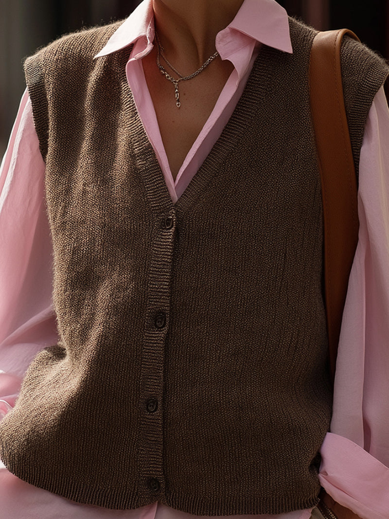 Chocolate Brown Button-Down Knit Vest And Pink Shirt Set