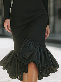 Black & White Contrast Lapel Ruffle Hem Pencil Dress
