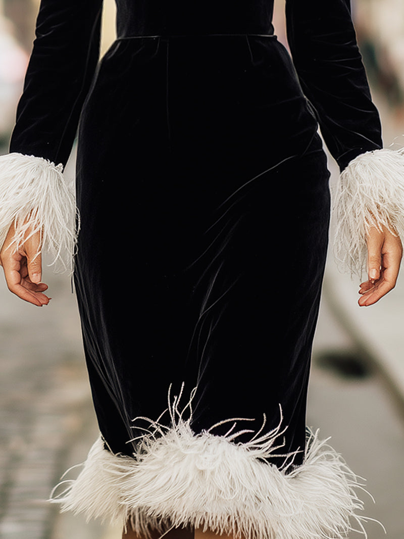 Black Velvet Feather-Trim Midi Dress