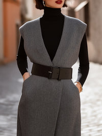 Sleeveless Wool Belted Vest Dress With High Neck Top Set