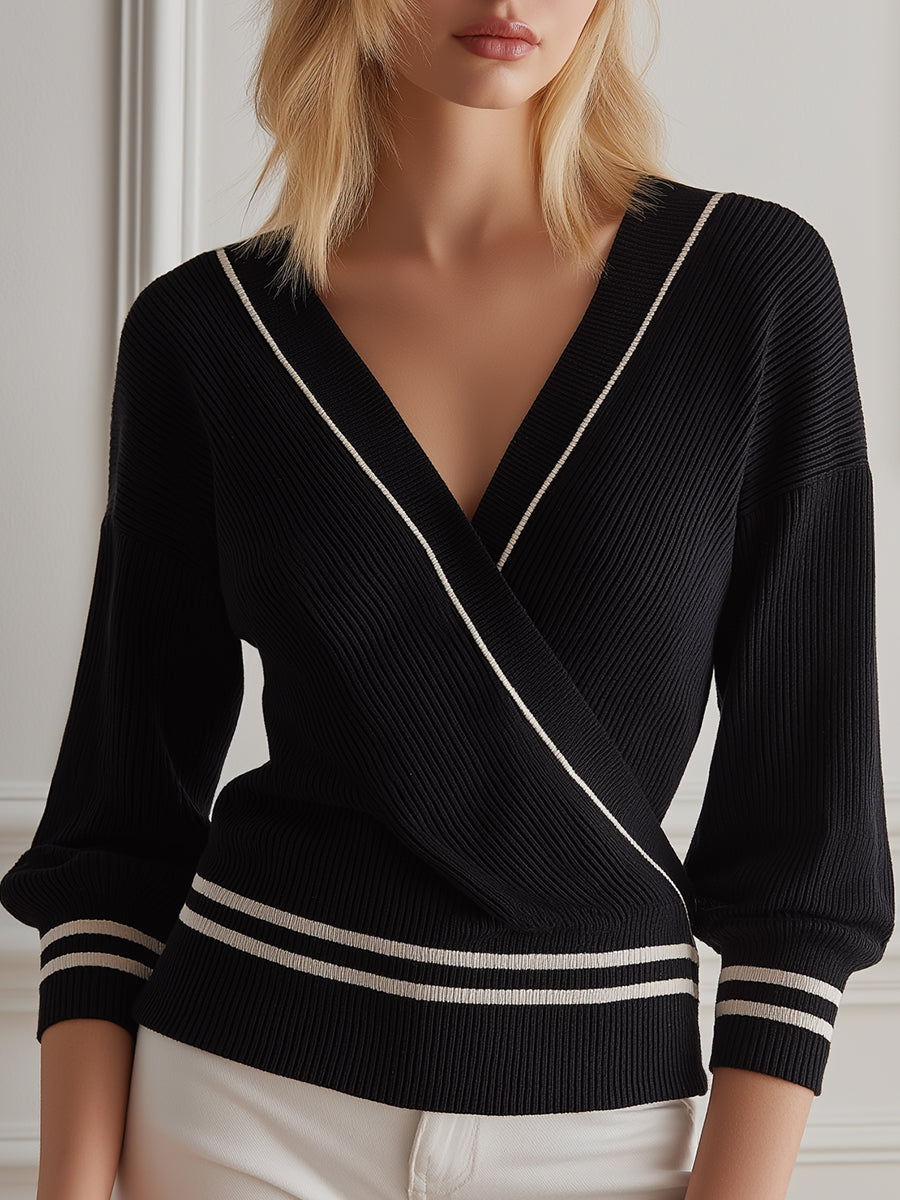 Ribbed Wrap-Front Knit Top With Contrast Trim