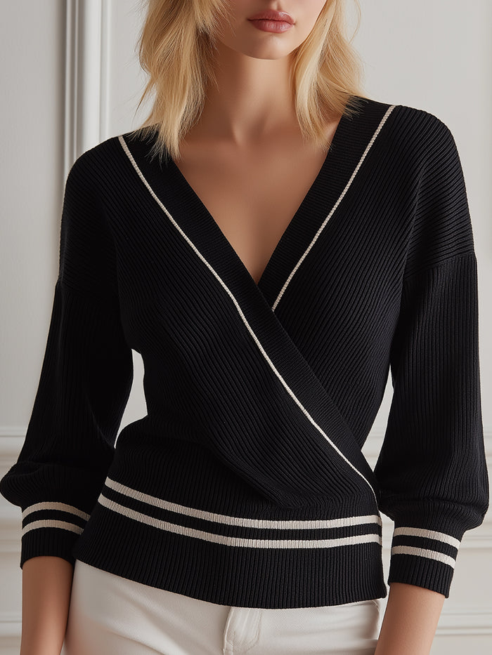 Ribbed Wrap-Front Knit Top With Contrast Trim