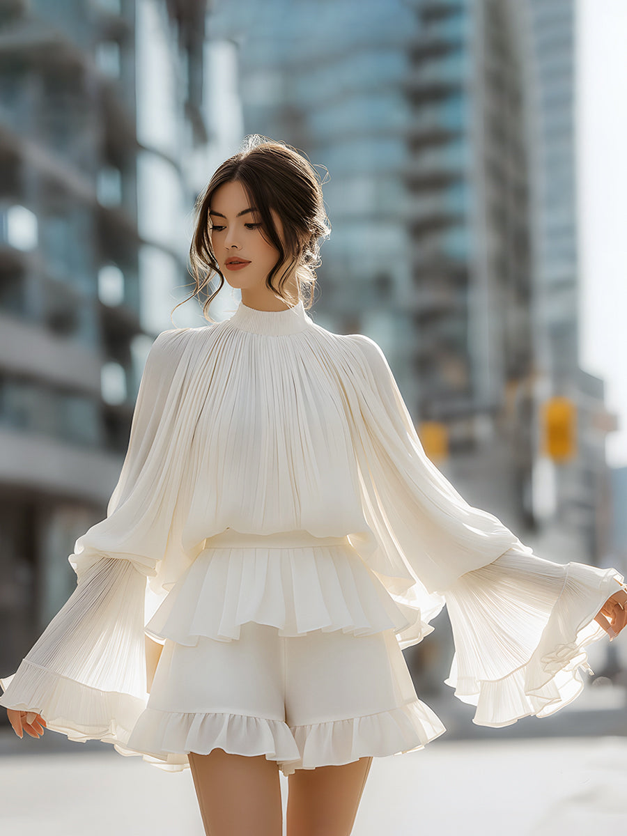 Pleated Lantern-Sleeve Ruffle Hem Two-Piece Set