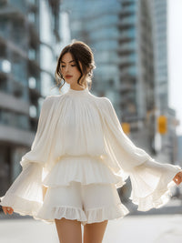 Pleated Lantern-Sleeve Ruffle Hem Two-Piece Set