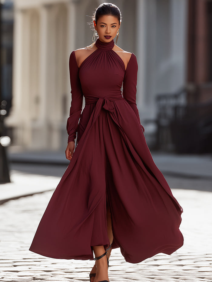 Burgundy High-Neck Cold-Shoulder Maxi Dress