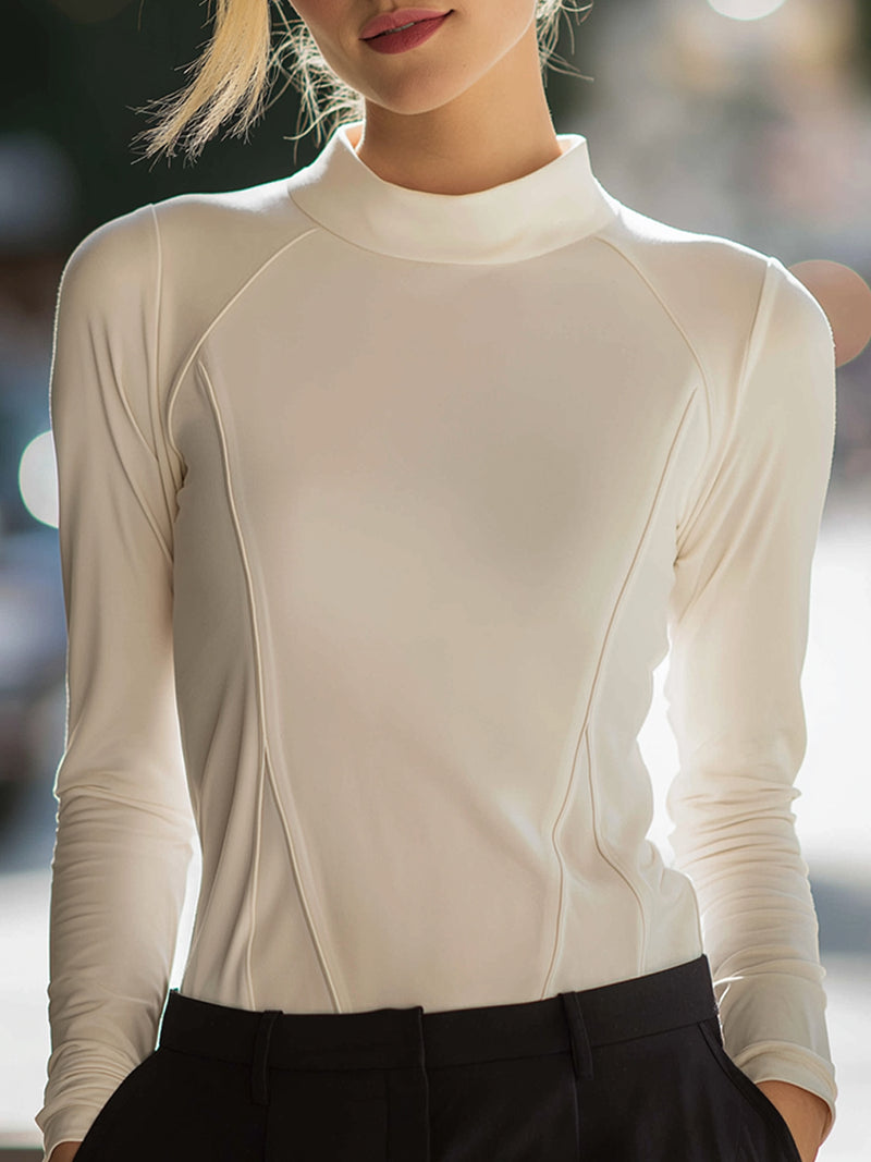 Minimalist White Mock Neck Long Sleeve Top