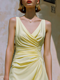 Sleeveless Ruched V-Neck Midi Dress