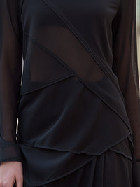 Asymmetric Mesh-Panel Layered Long-Sleeve Top