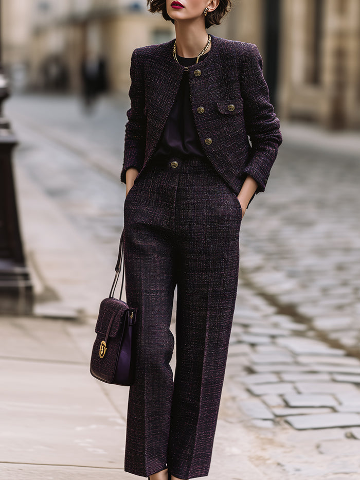 Dark Purple Tweed Pantsuit Set