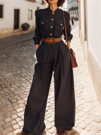 Practical Chinese Style Stand-up Collar Denim Wide-leg Pants Suit