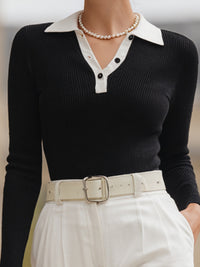 Contrast-Collar Ribbed Knit Polo Top