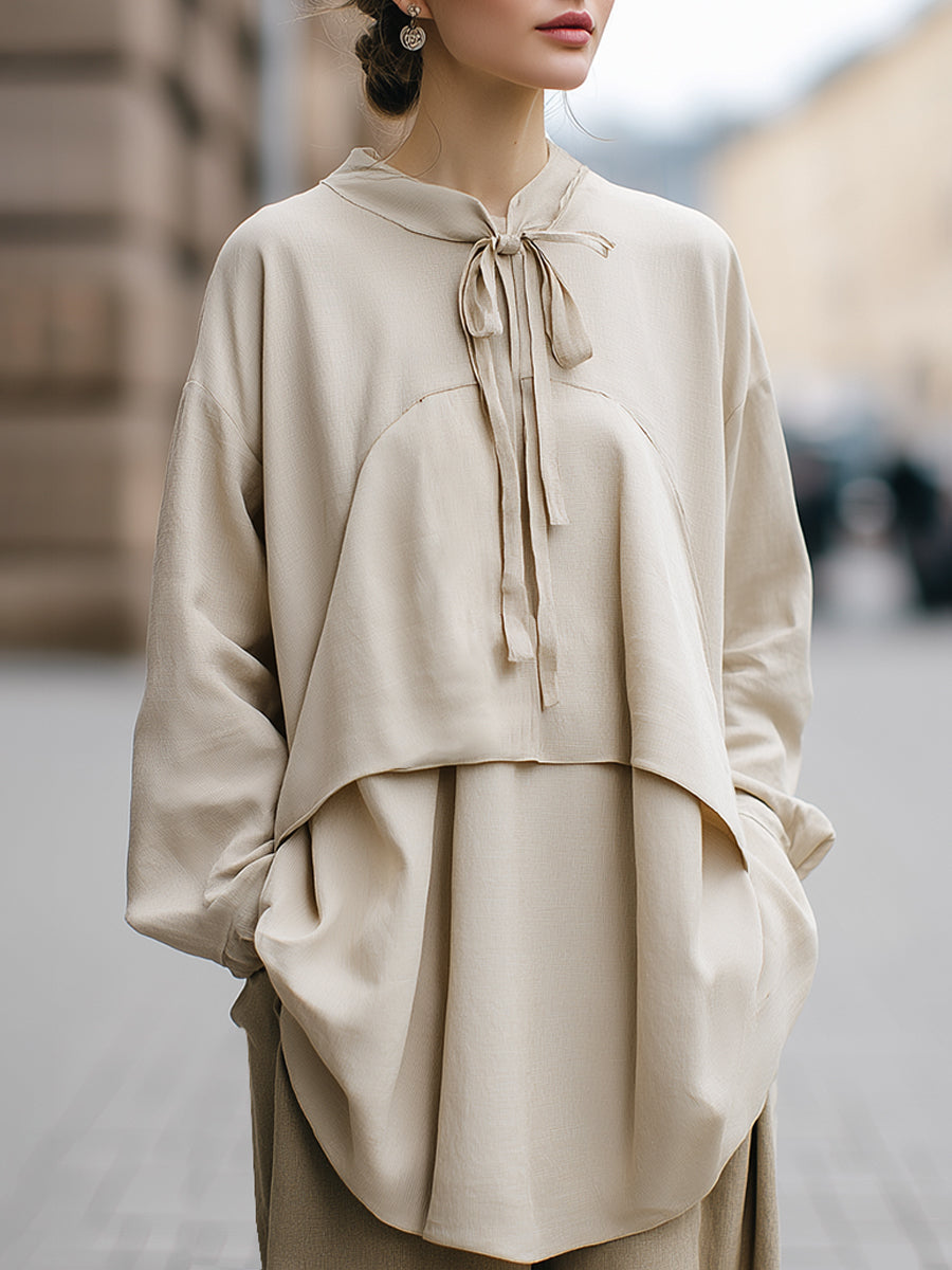 Layered Bow-Tie Collar Oversized Blouse