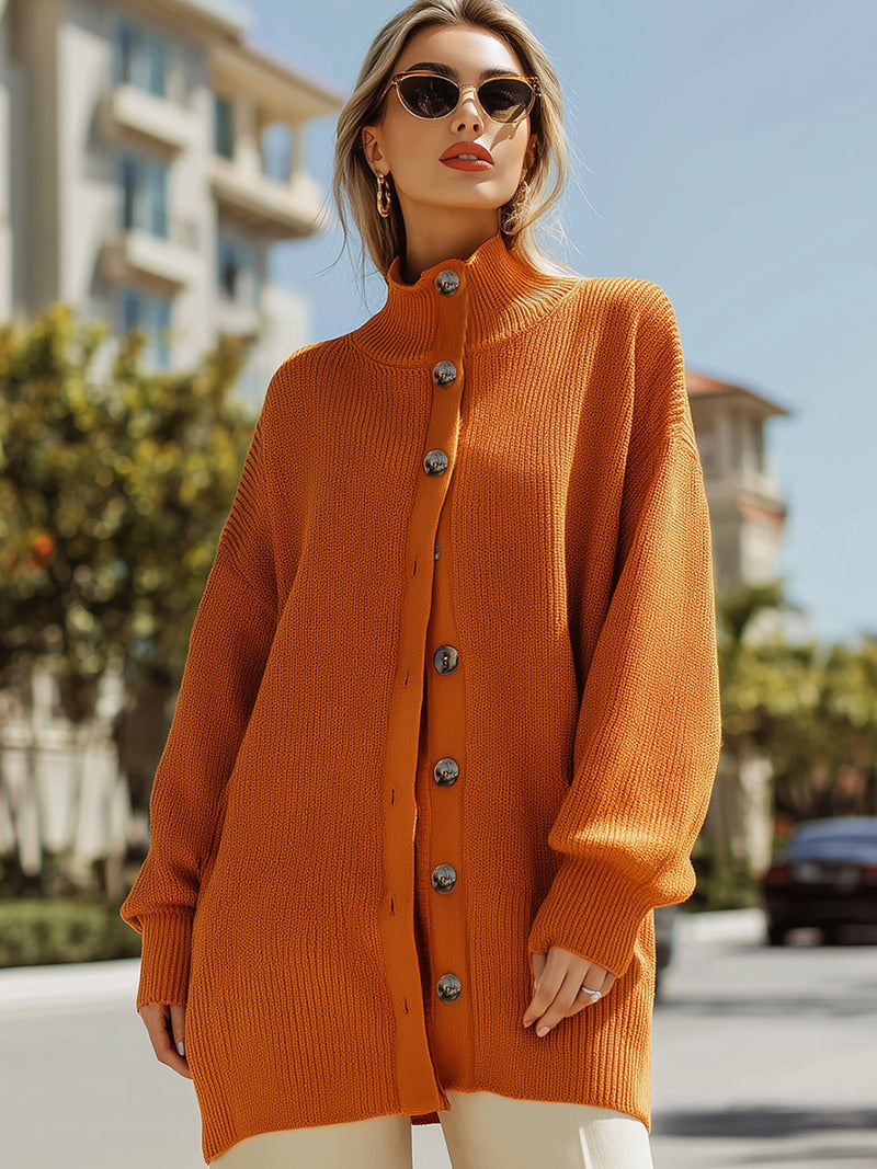 Pumpkin Orange Turtleneck Button-Down Cardigan