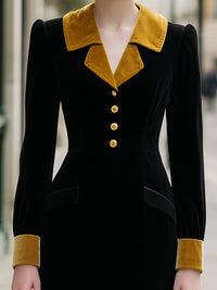 Lack Velvet Dress With Golden Contrast Collar And Cuffs