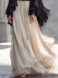 Two-Tone Chiffon Bell-Sleeve Top & Flowing Pleated Maxi Skirt Set