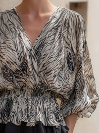 Elegant Zebra-Print V-Neck Peplum Blouse With Elastic Waist