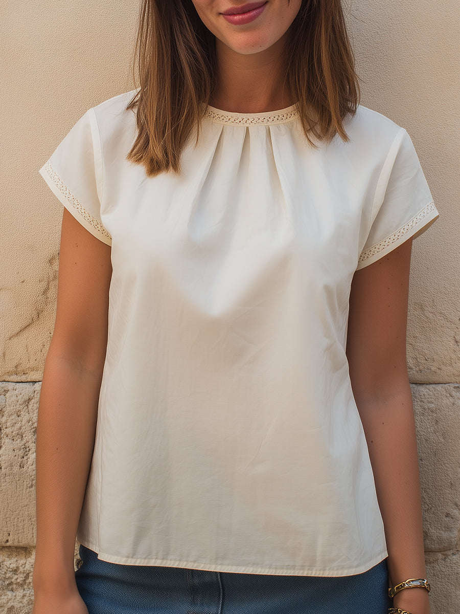 Lace-Trim Short Sleeve Elegant Blouse