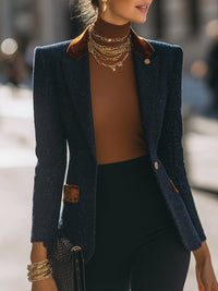 Navy Textured Blazer With Velvet Accents