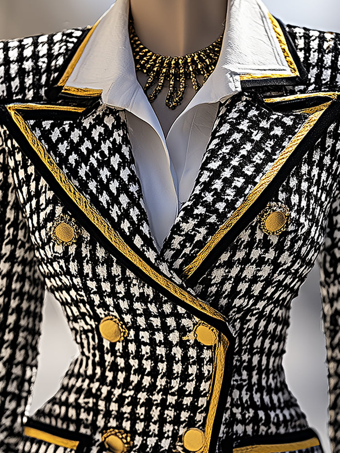 Old-Accent Houndstooth Double-Breasted Blazer