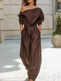 Asymmetrical Off-Shoulder Tie-Waist Linen Jumpsuit
