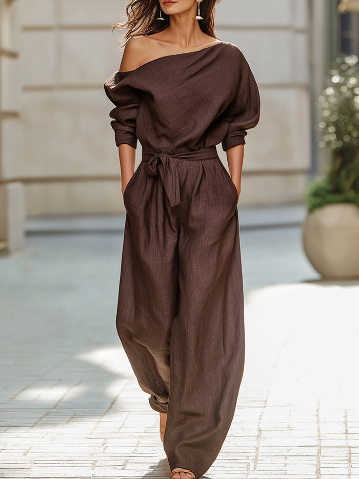 Asymmetrical Off-Shoulder Tie-Waist Linen Jumpsuit