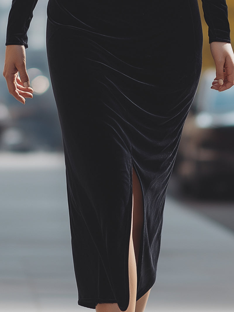 Velvet One-Shoulder Rose Embellished Midi Dress