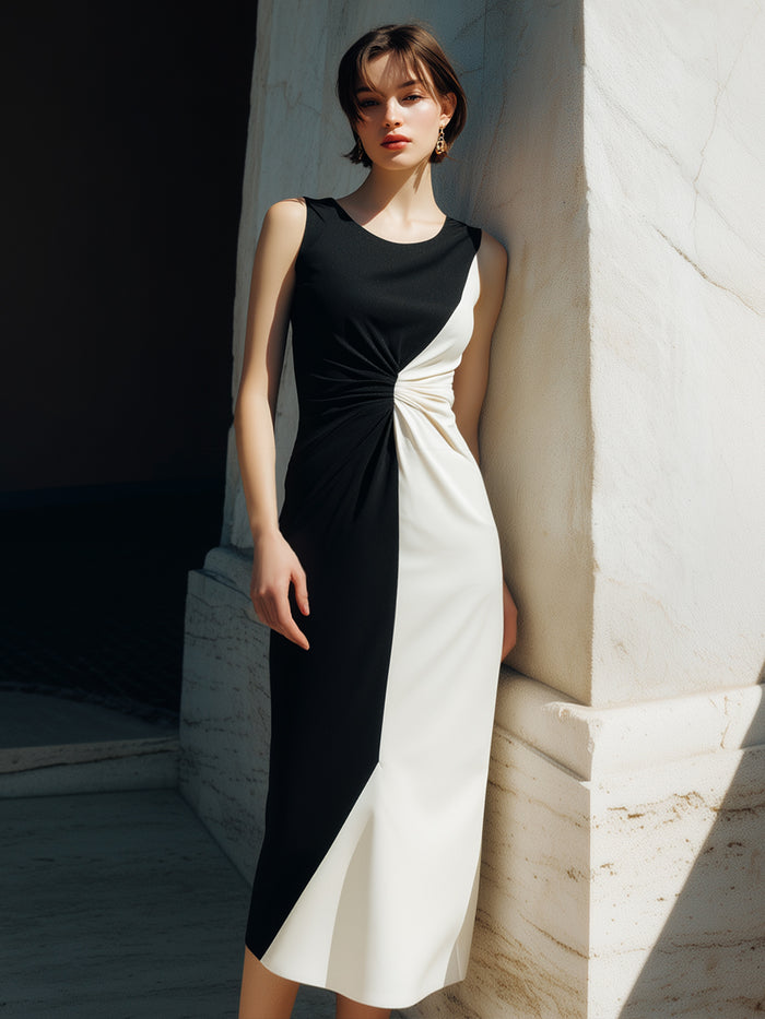 Black & Ivory Twist-Waist Colorblock Midi Dress