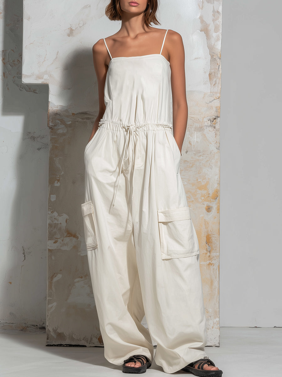 Sleeveless Drawstring Waist Cargo Jumpsuit