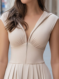 Sleeveless Zip-Front V-Neck Mini Dress With Pleated Skirt