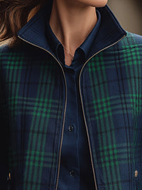 Navy And Green Plaid Zip-Up Jacket With Tailored Finish