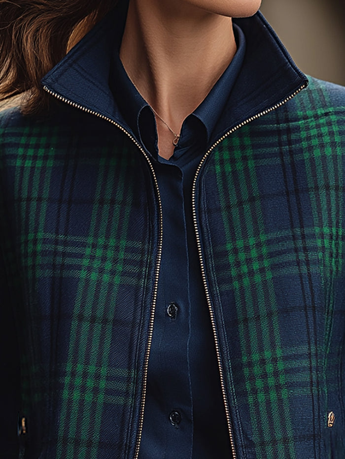 Navy And Green Plaid Zip-Up Jacket With Tailored Finish