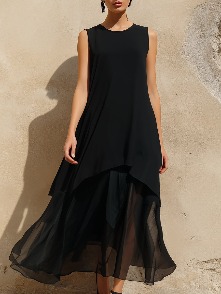 Women’s Layered Chiffon Asymmetric Hem Midi Dress
