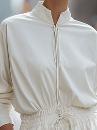 Relaxed Half-Zip Long Sleeve Drawstring Waist Shorts Jumpsuit