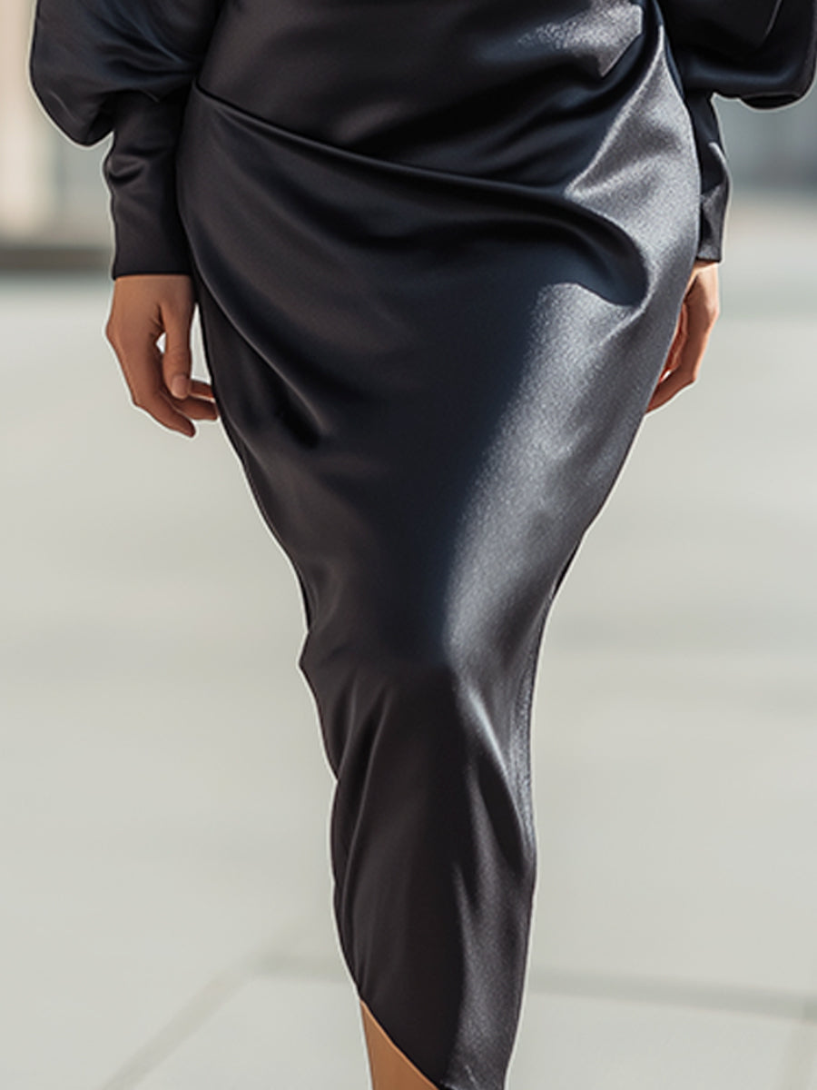 Draped Satin-Wrap Midi Dress