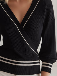 Ribbed Wrap-Front Knit Top With Contrast Trim