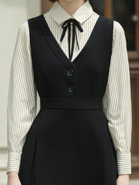 Black V-neck A-line Layered Midi Dress And Striped Shirt Set