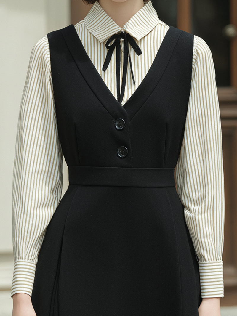 Black V-neck A-line Layered Midi Dress And Striped Shirt Set