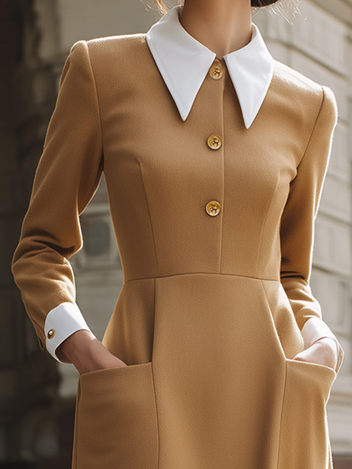 Camel Midi Dress With Contrast Collar And Cuff Detail